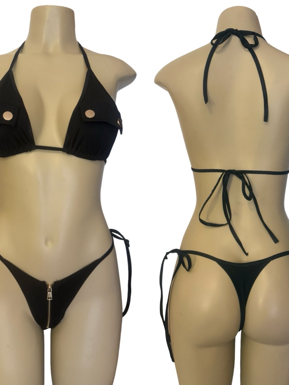 Women’s Black Tie-Side Bikini with Front Zip Accent